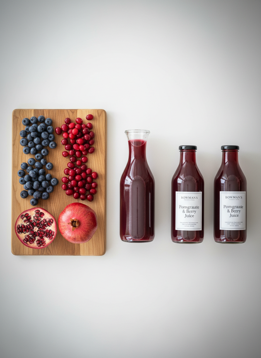 An overhead, photographic realism view of a clean, white kitchen counter arranged as a “from fruit to bottle” story. On the left, small heaps of fresh blueberries, cranberries, and halved pomegranates display vibrant skins and glistening seeds on a natural maple cutting board. In the center, a sleek glass carafe holds deep red-purple juice with a smooth, reflective surface. On the right, a line of labeled Bowman’s juice bottles stands in precise alignment. Soft overcast window light from above creates even illumination with minimal shadows, emphasizing color accuracy and a professional, trustworthy mood. The composition is tidy and modern, with generous white space and a slight vignette to keep attention on the transformation from whole fruit to pure juice.
