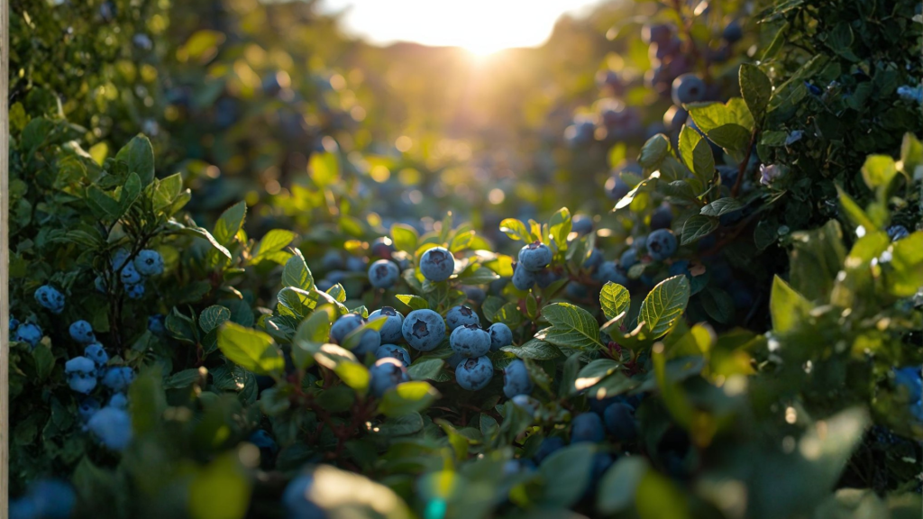 A field of blueberries with green leaves and a bright sun shining in the distance.